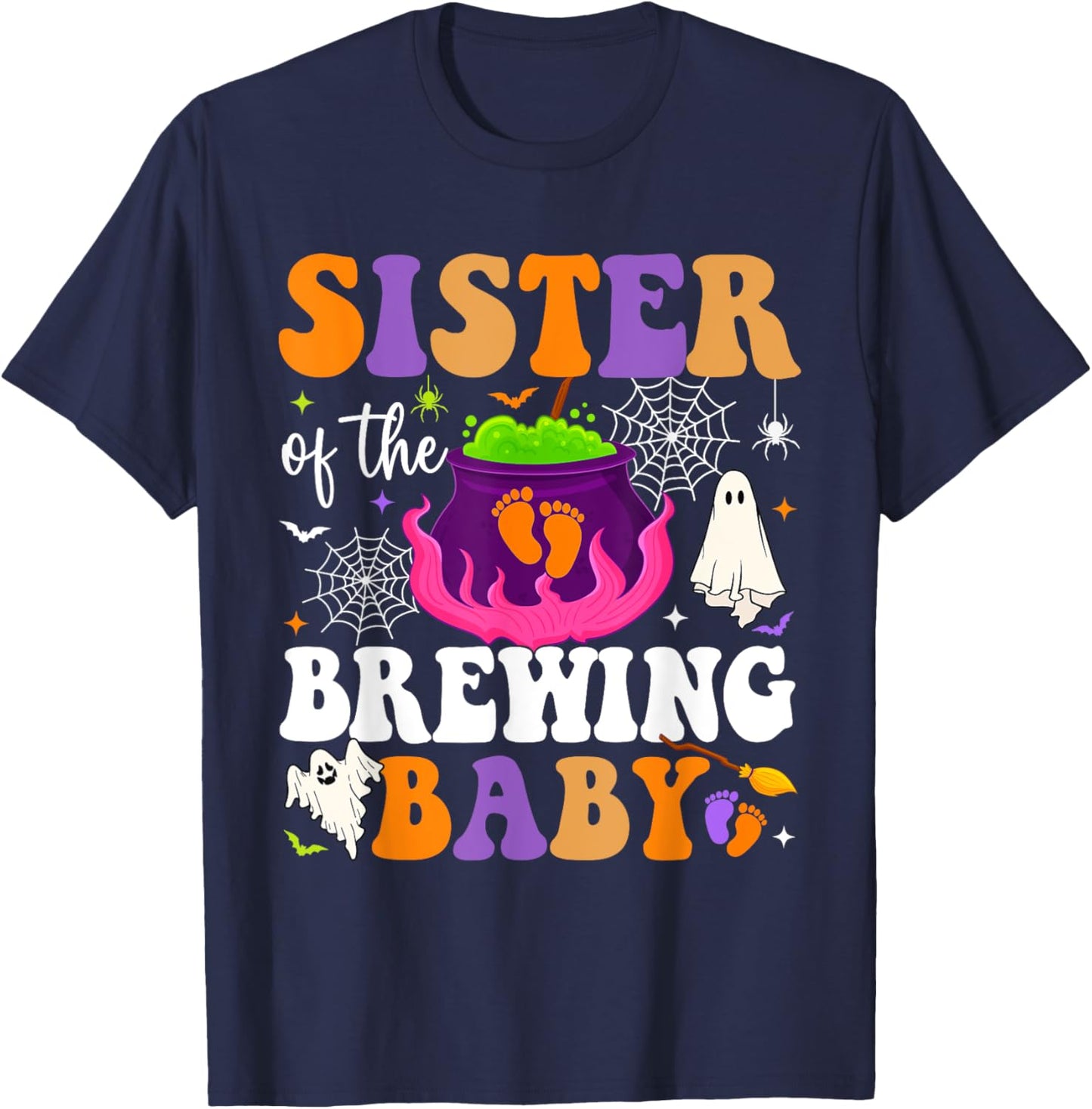 Sister of Brewing Baby Halloween Theme Baby Shower Spooky T-Shirt - T-Shirt | Navy