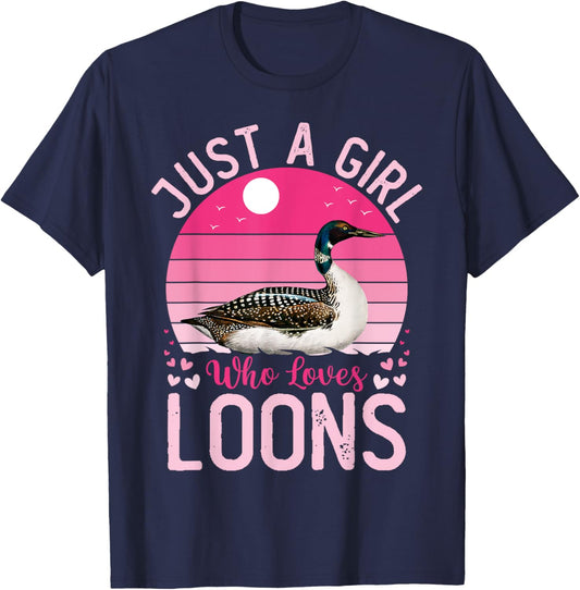 Girls Women Loon Bird Vintage Just A Girl Who Loves Loons T-Shirt - T-Shirt | Navy