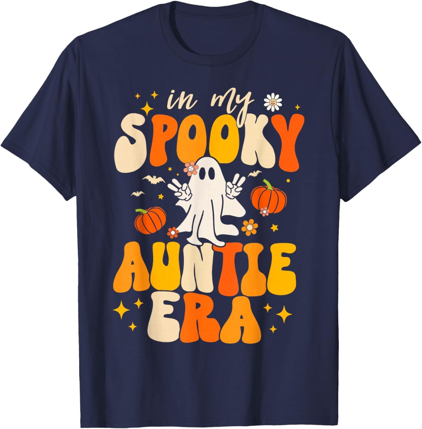 Retro In My Spooky Aunt Era Groovy Halloween Ghost Auntie T-Shirt - T-Shirt | Navy