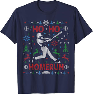 Baseball Softball Ho Ho Homerun Ugly Christmas Sweater Party T-Shirt - T-Shirt | Navy