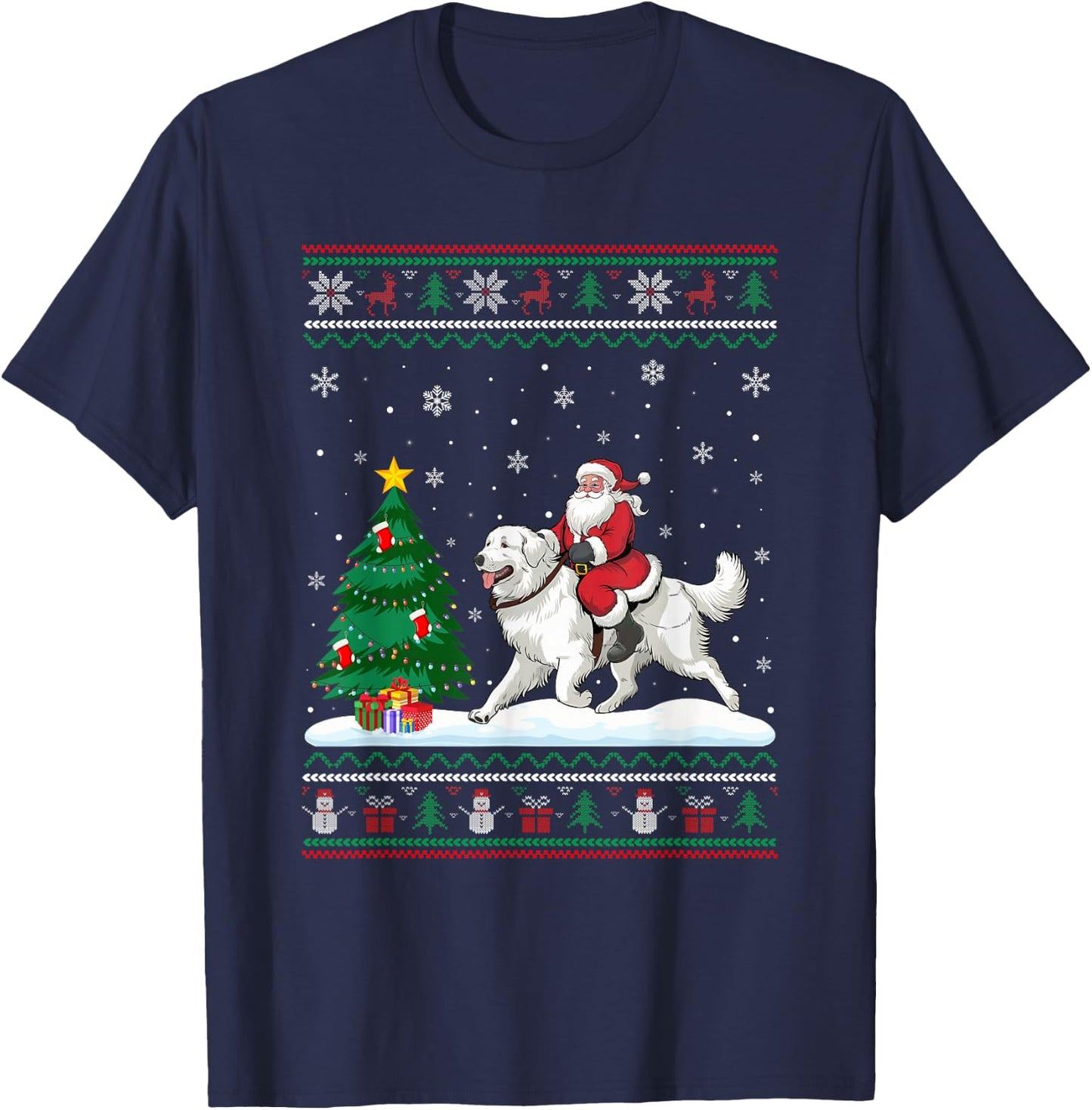 Ugly Christmas Tree Lights Santa Riding Great Pyrenees Dog T-Shirt - T-Shirt | Navy