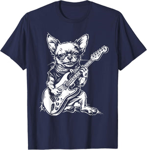 Funny Chihuahua Dog Playing Electric Guitar Rock Dog Dad T-Shirt - T-Shirt | Navy