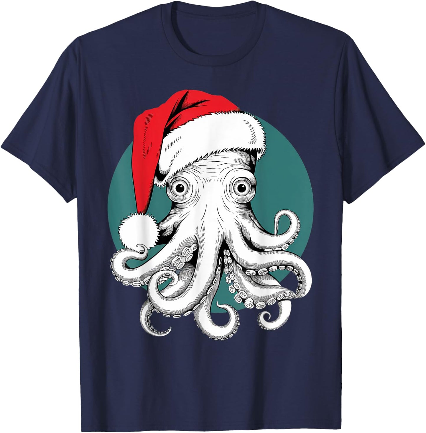 Joyful Octopus Santa on Octopus Christmas T-Shirt - T-Shirt | Navy