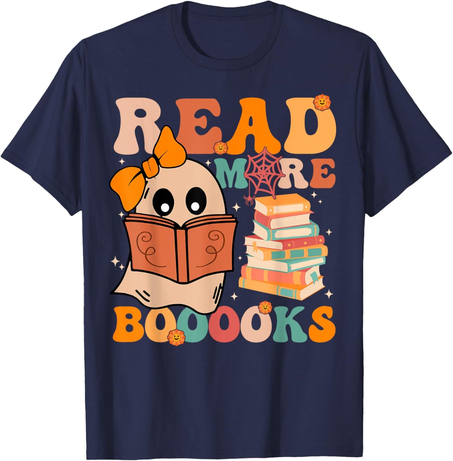 Groovy Booooks Ghost Read More Books Funny Teacher Halloween Men Women Kids T-Shirt - T-Shirt | Navy