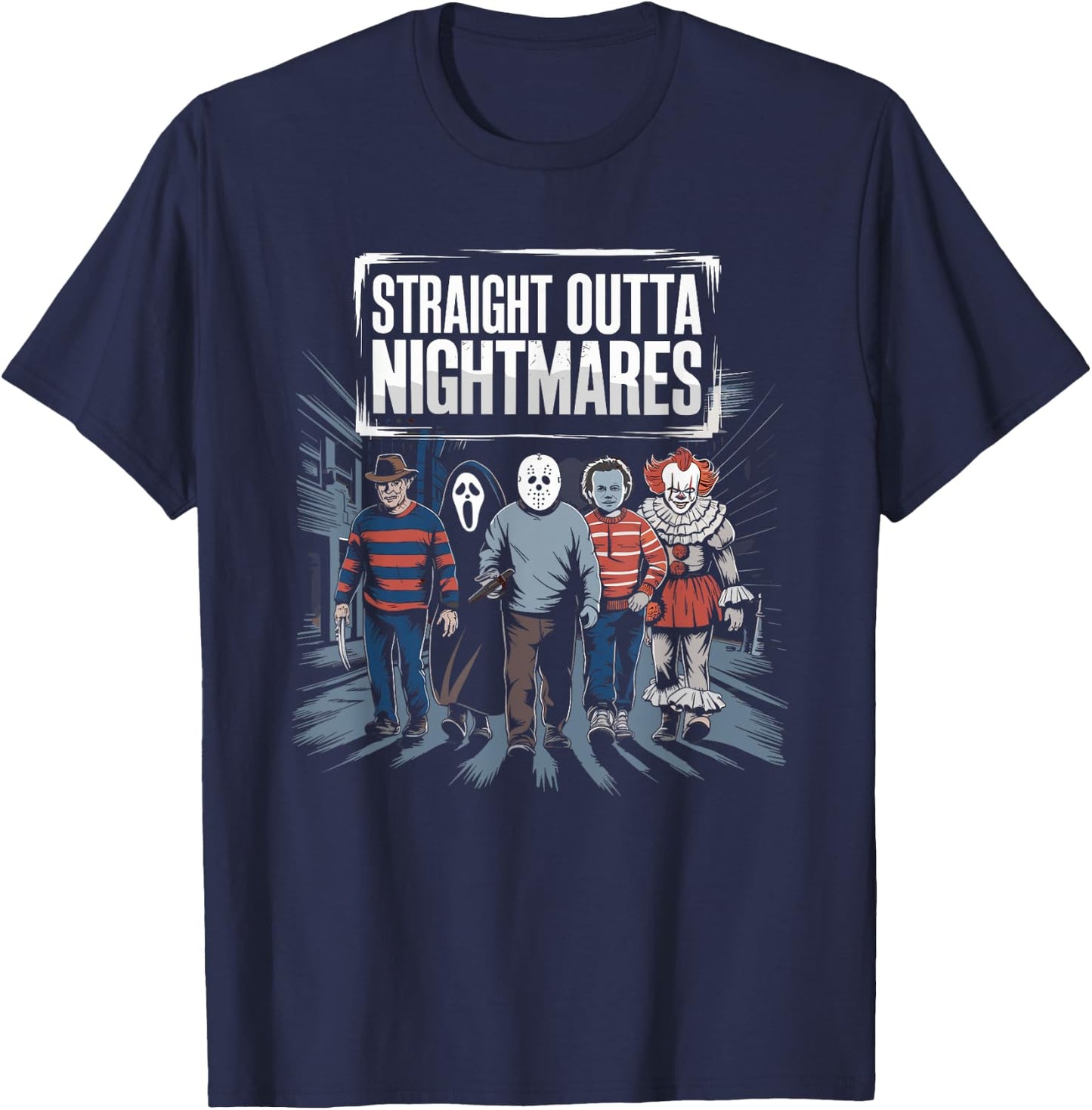 Vintage Horror Halloween Scary Straight Outta Nightmares T-Shirt - T-Shirt | Navy