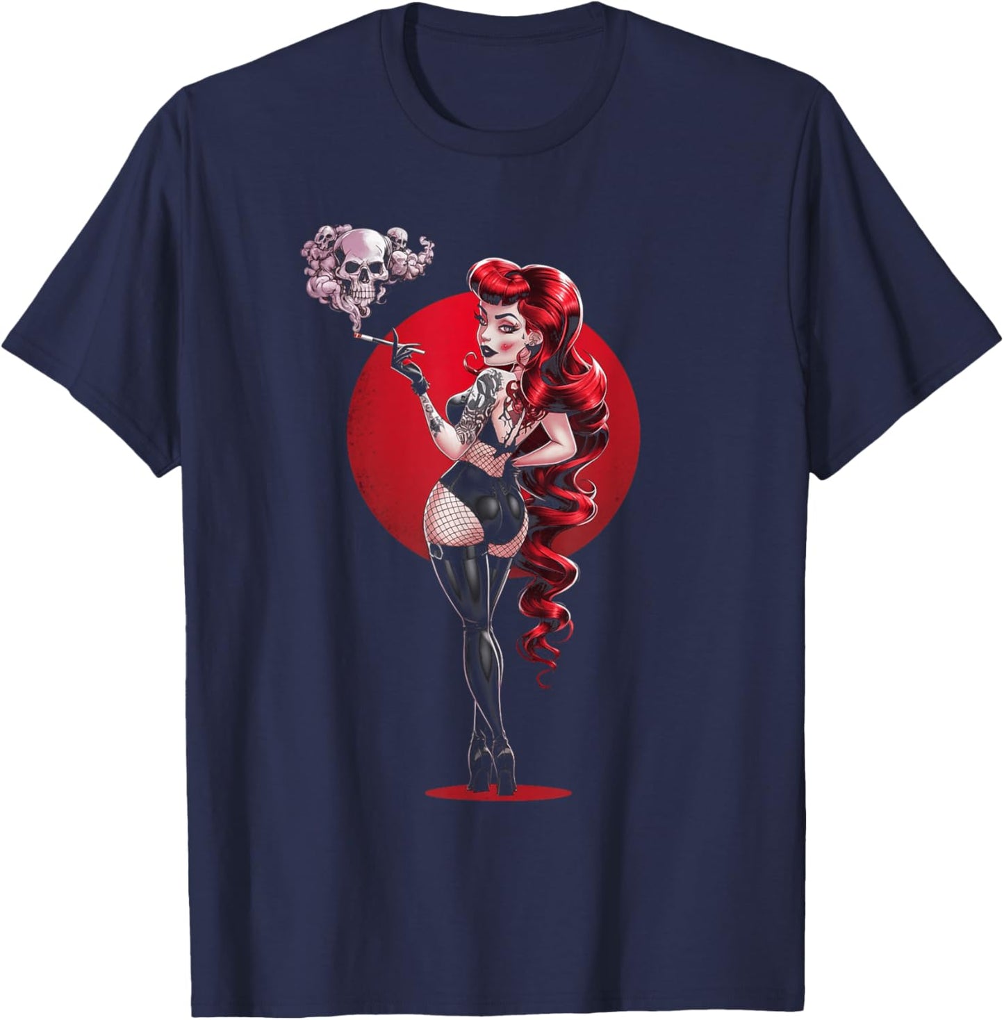 Sexy Horror Pinup Goth Girl mit Totenkopf Psychobilly Punk Art T-Shirt - T-Shirt | Navy