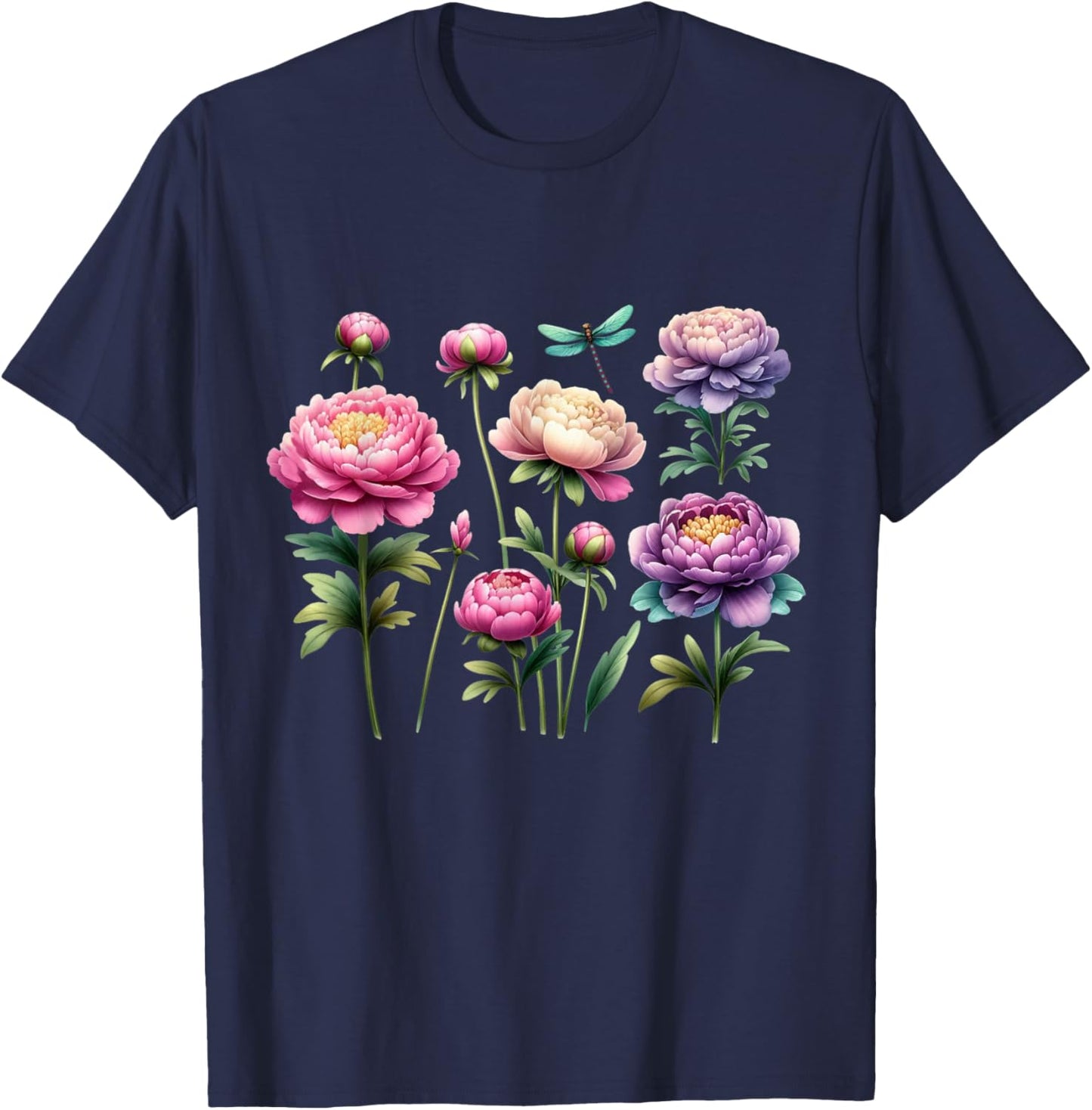 Beautiful Peonies Flowers Blossom Dragonfly Nature Gardener T-Shirt - T-Shirt | Navy