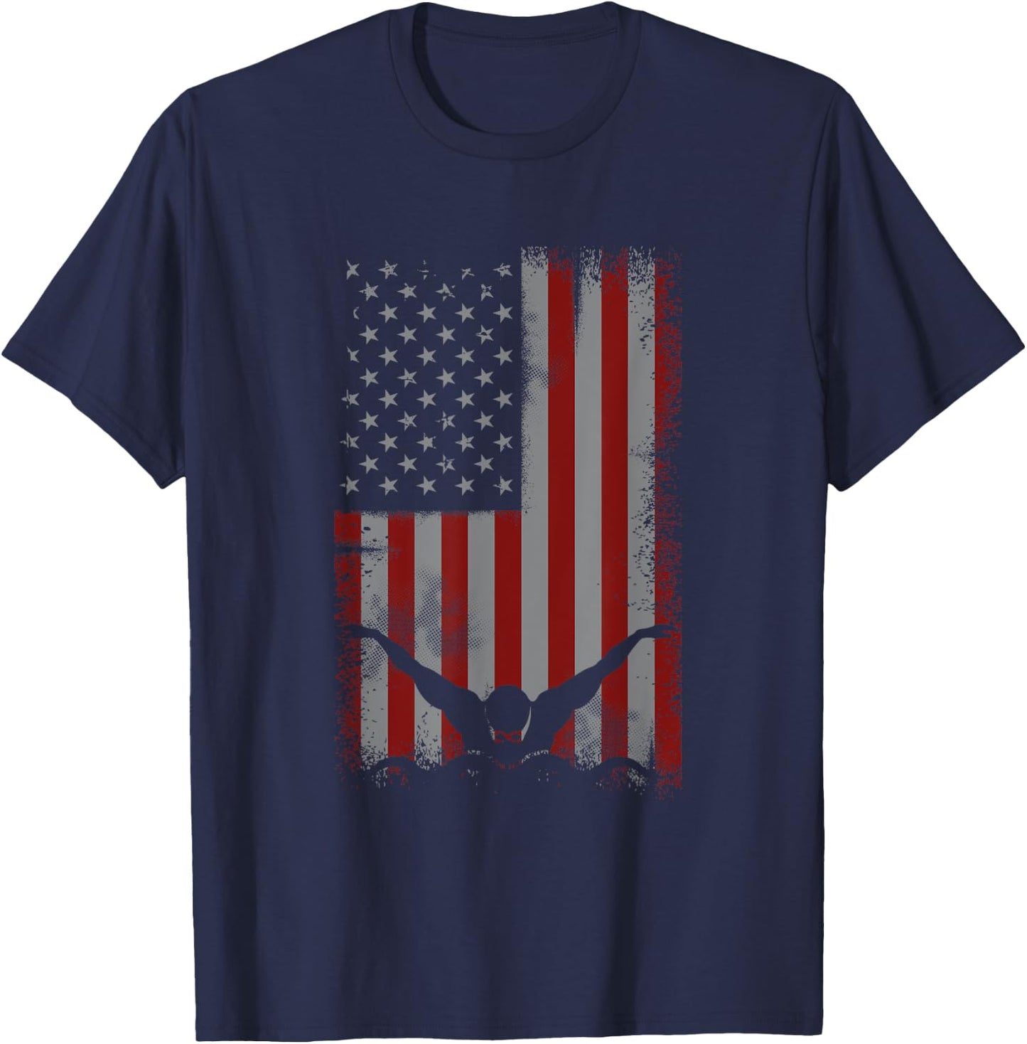 Retro American Flag Swimming Gift Swimmer Women Kids Men T-Shirt - T-Shirt | Navy