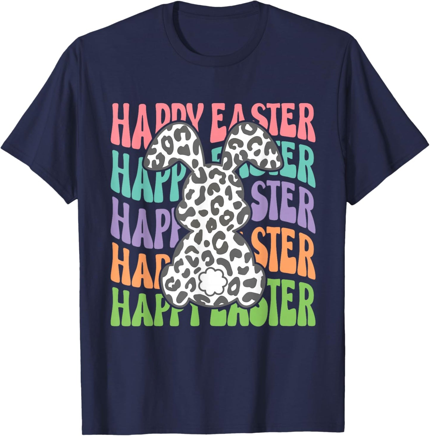 Retro Groovy Happy Easter Bunny Leopard Rabbit Girls T-Shirt - T-Shirt | Navy