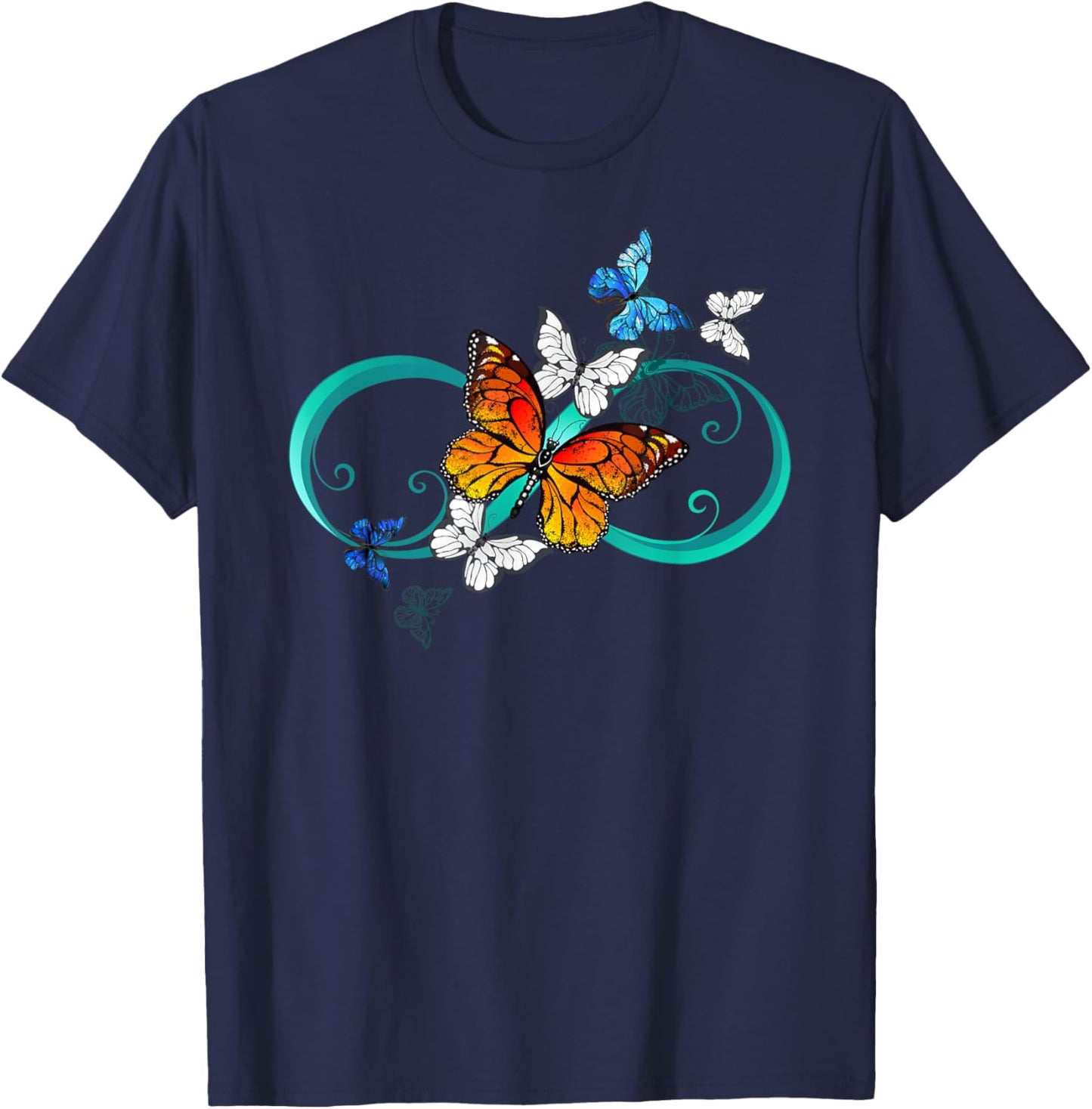 Rainbow Colorful Artistic Butterflies Infinity Symbol Sign T-Shirt - T-Shirt | Navy