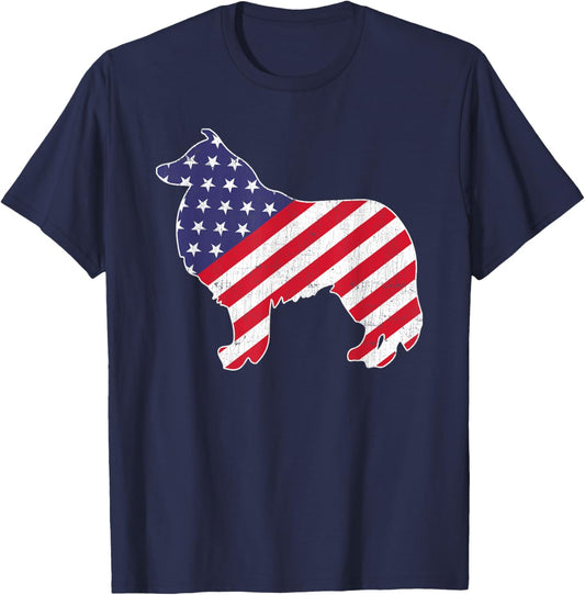 Vintage Rough Collie Dog 4th of July Patriotic American Flag T-Shirt - T-Shirt | Navy