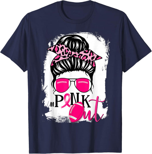 Bleached Pink Out Football Mom Messy Bun Pink Breast Cancer T-Shirt - T-Shirt | Navy