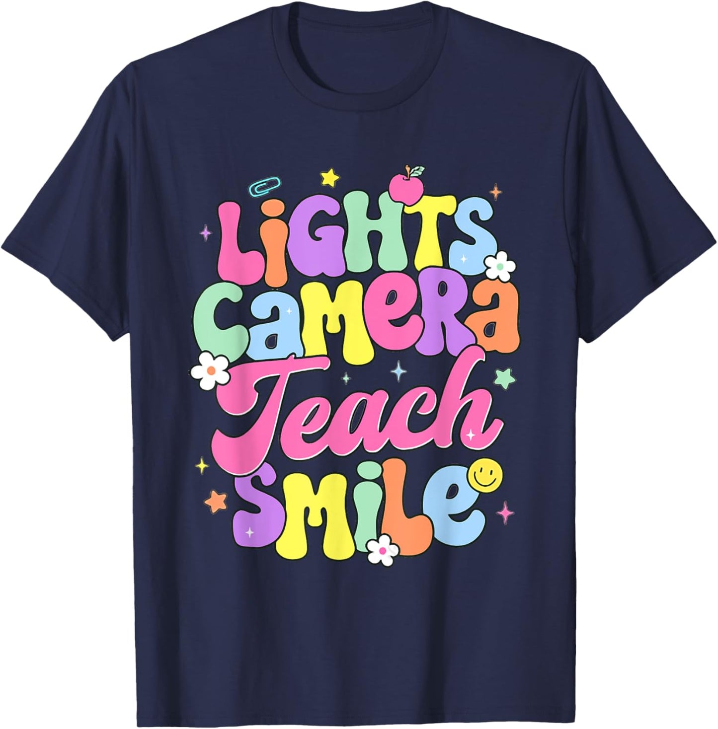 Retro Lights Camera Teach Smile Back To School Teacher Women T-Shirt - T-Shirt | Navy