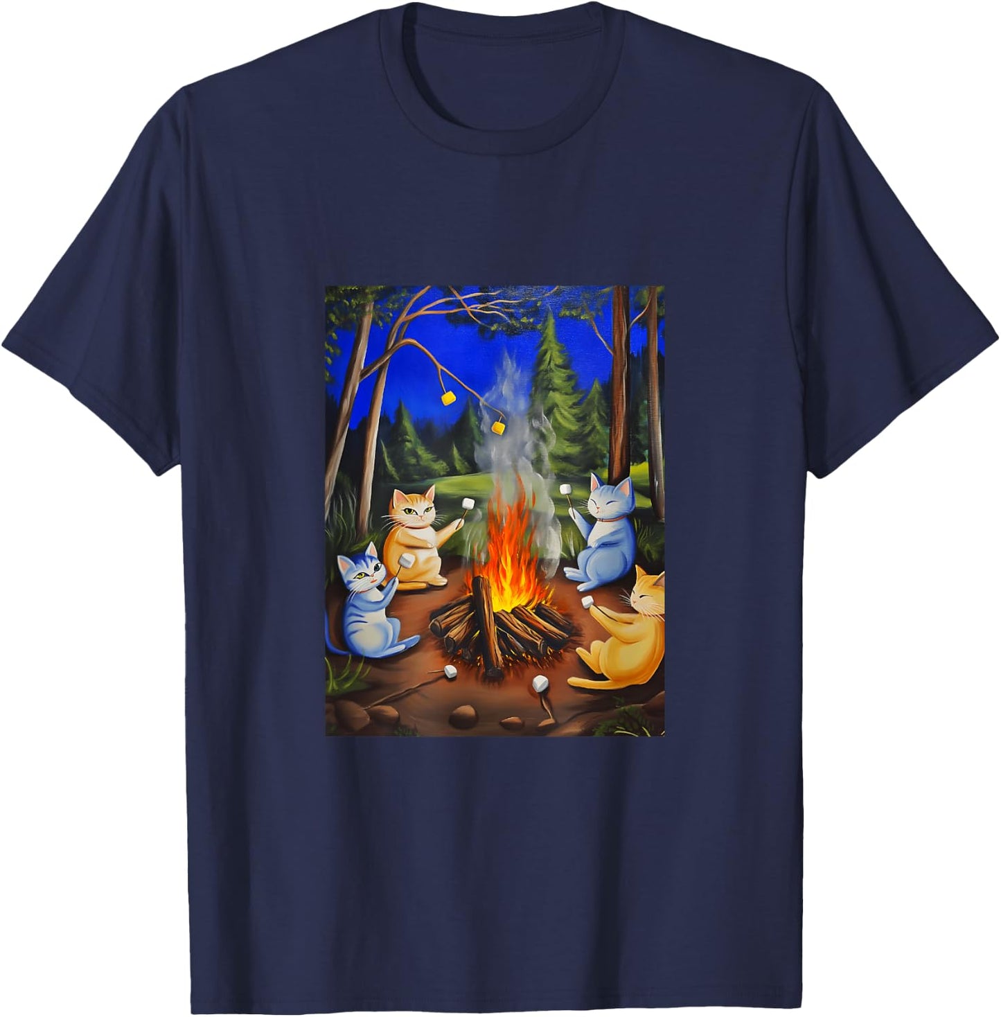 Cats Camping and Roasting Marshmallows Over An Open Fire T-Shirt - T-Shirt | Navy