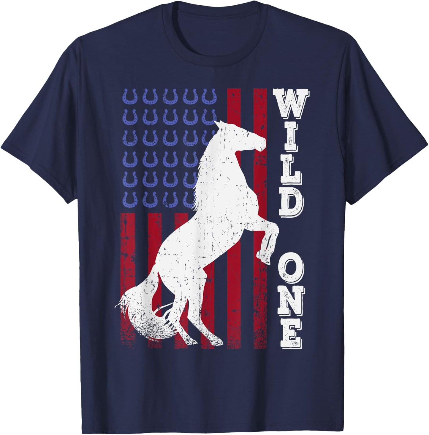 Vintage Grunge American USA Flag Wild One Mustang Horse T-Shirt - T-Shirt | Navy
