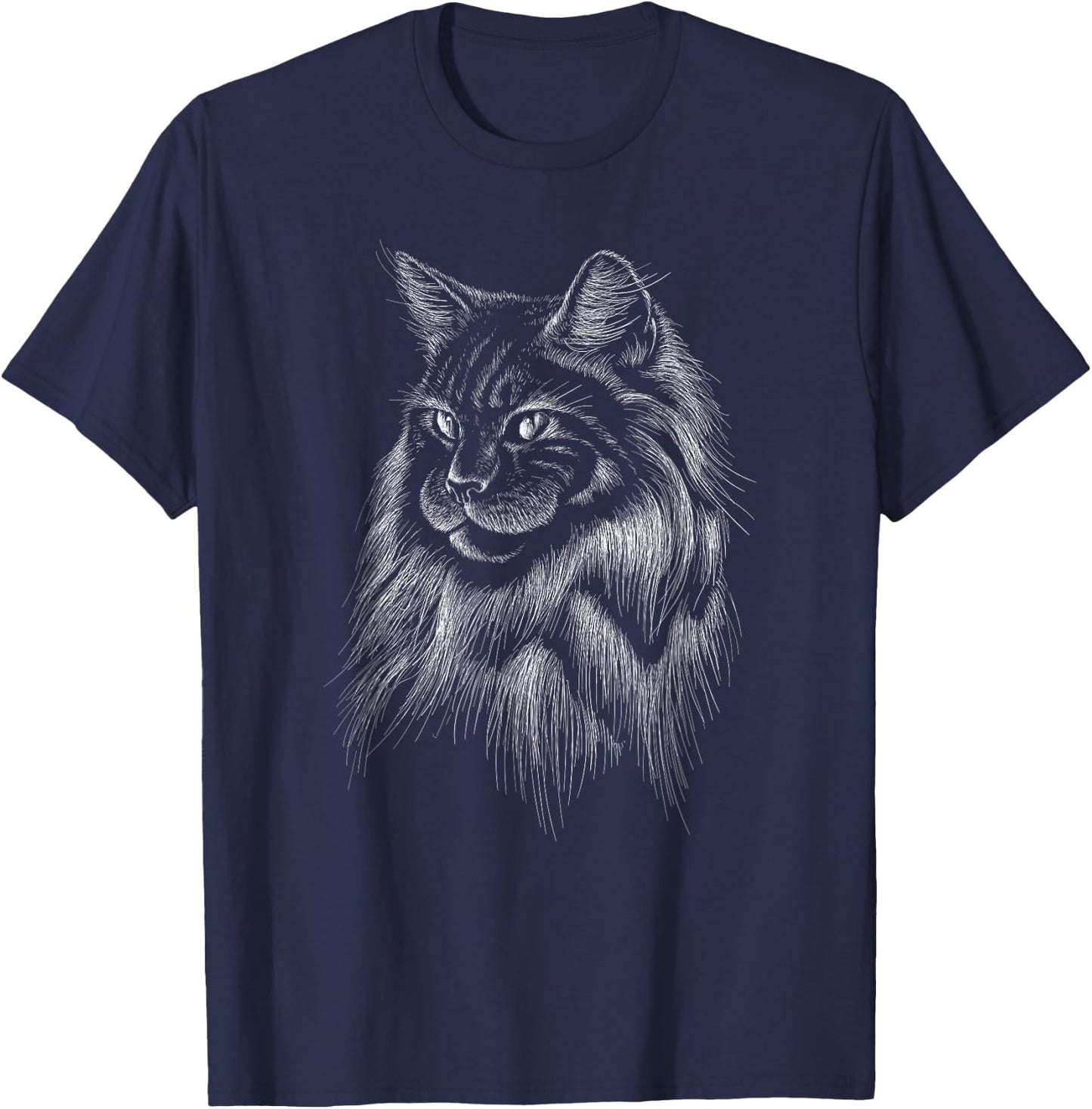 Artistic Domestic Long Haired Cat Cute Hand Drawn Animal Gif Men Women Kids T-Shirt - T-Shirt | Navy