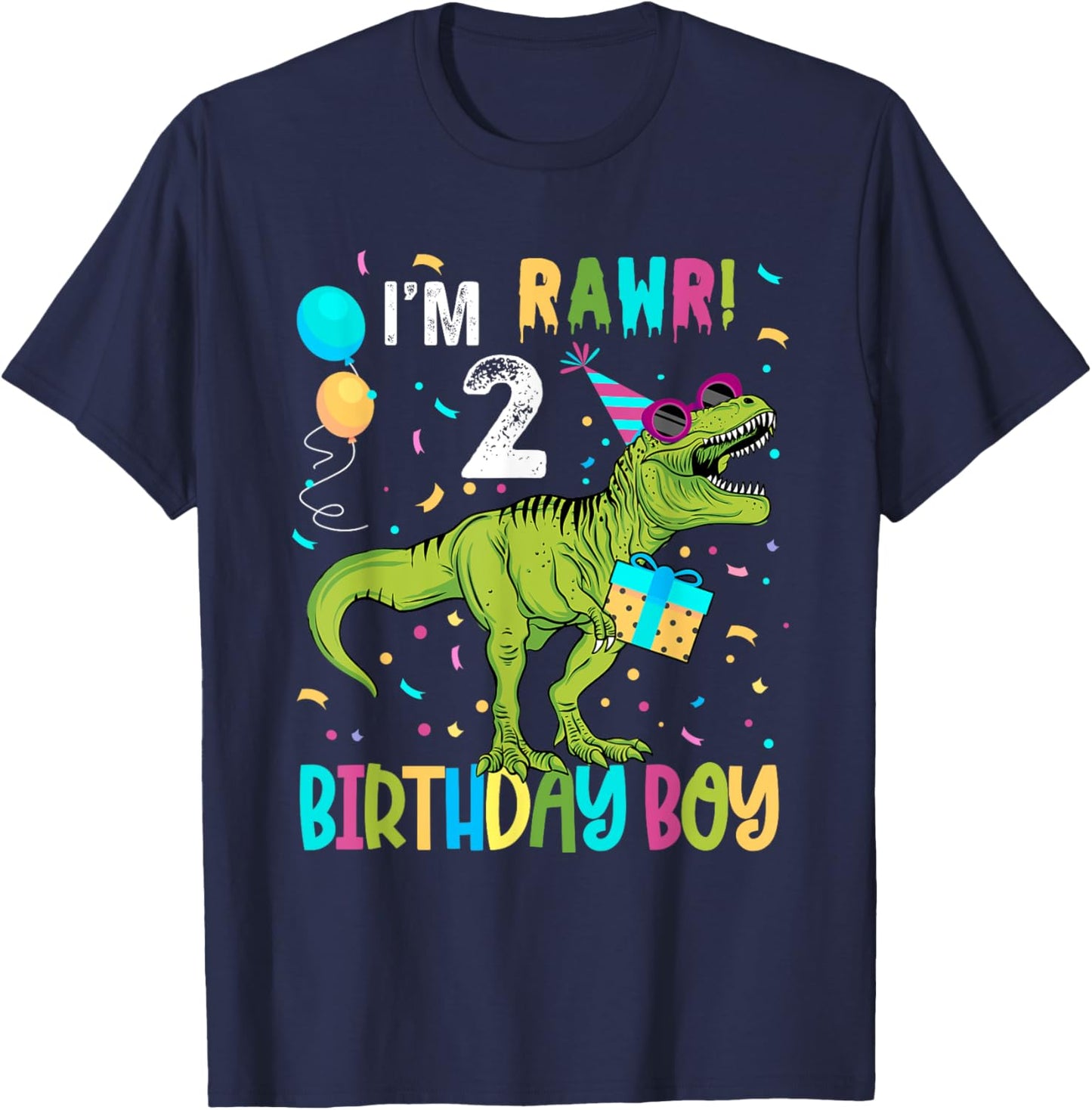 Birthday Boy 2 Years Old 2nd Cute Rex Family Dinosaur Squad T-Shirt - T-Shirt | Navy