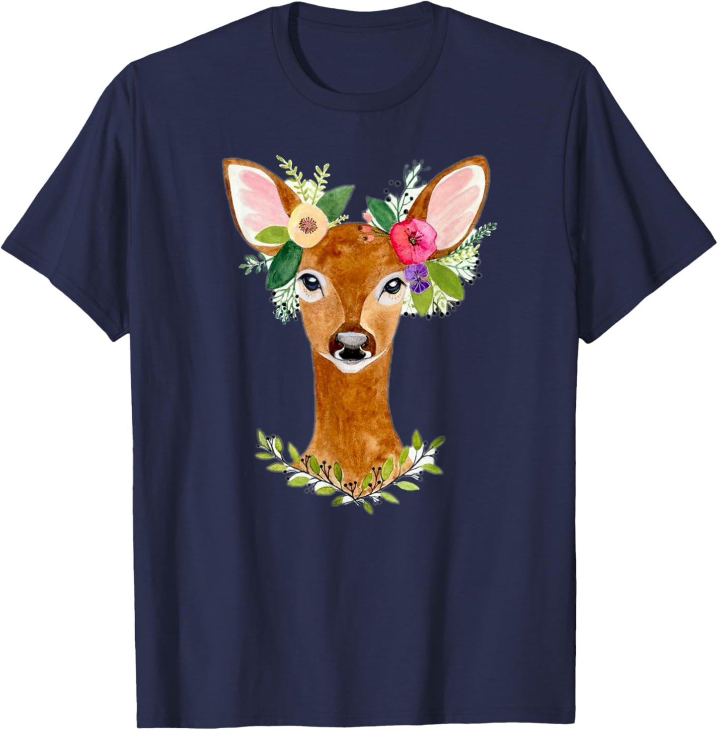Charming Deer Bohemian Nature Art Floral Deer Artwork T-Shirt - T-Shirt | Navy