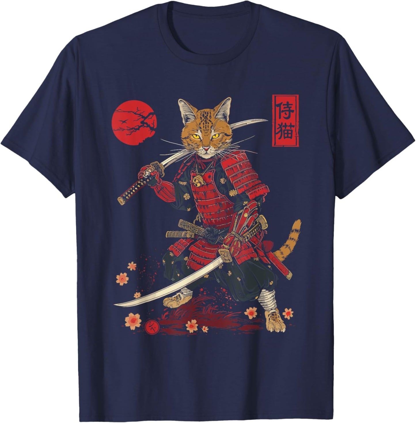 Samurai Cat, Japanese Cat Art Aesthetic, Cat Lover T-Shirt - T-Shirt | Navy