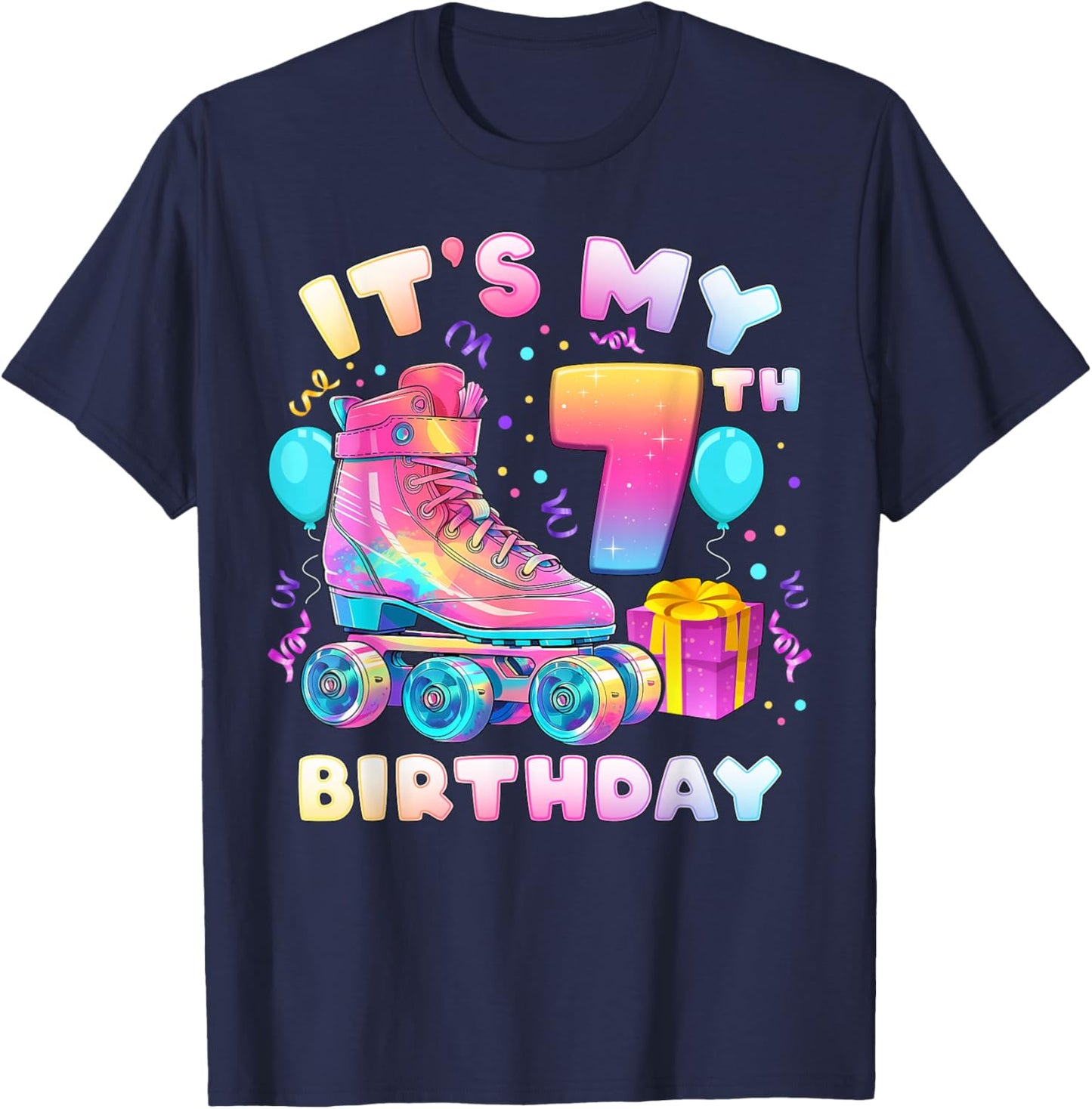 7th Birthday Girl 7 Years Roller Skates Number 7 T-Shirt - T-Shirt | Navy
