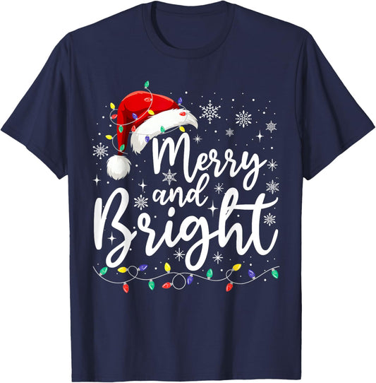 Merry and Bright Christmas Lights Santa Men Women Boys Girls T-Shirt - T-Shirt | Navy