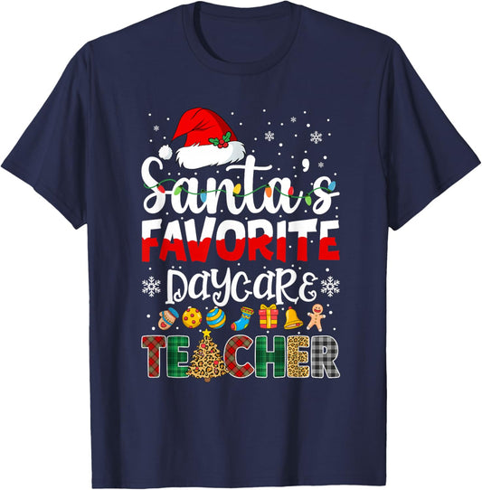 Santa's Favorite Daycare Teacher Buffalo Plaid Christmas T-Shirt - T-Shirt | Navy