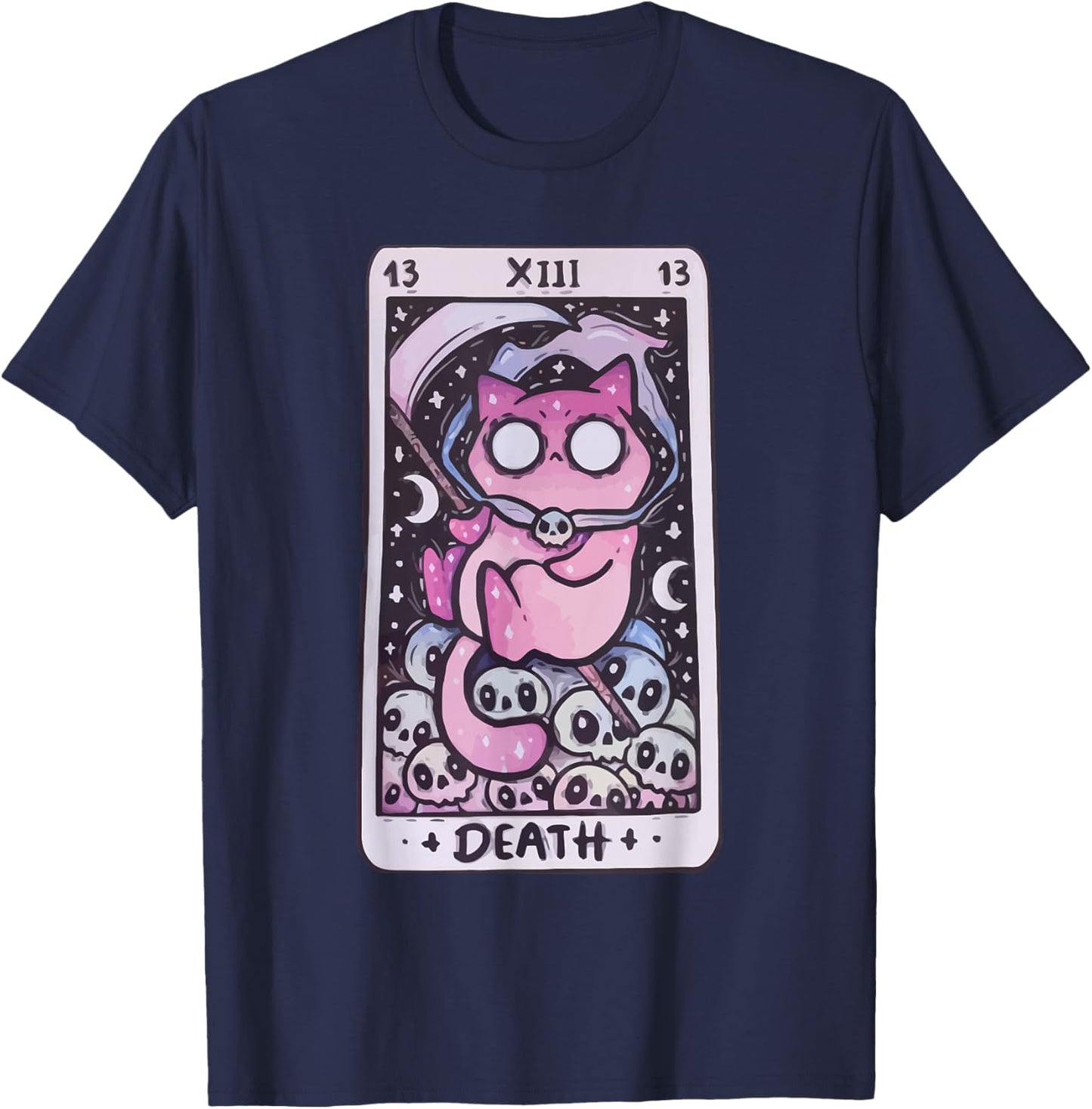 Kawaii Pastel Goth Art the Death Tarot Cute Cat Creepy Art T-Shirt - T-Shirt | Navy