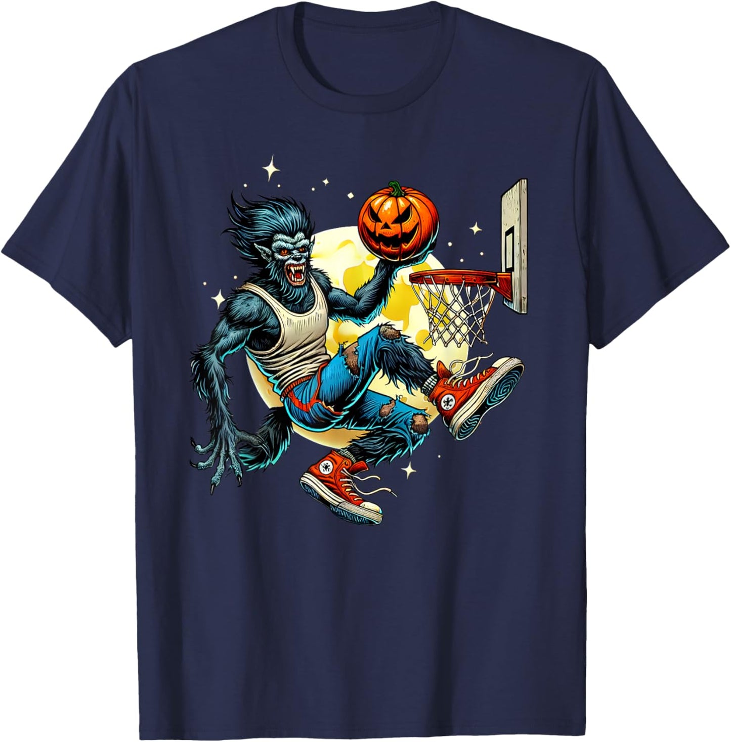 Halloween Werewolf Basketball Player Slam Dunk Graphic T-Shirt - T-Shirt | Navy