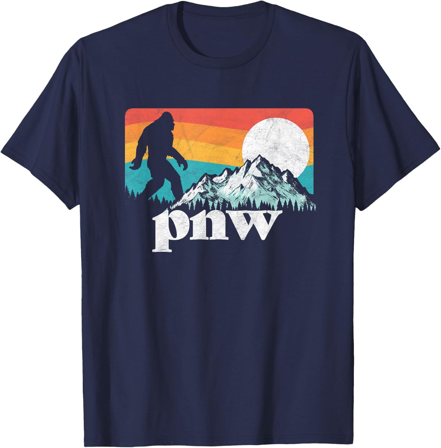 PNW Pacific Northwest Bigfoot Mountains Retro 80s Graphic T-Shirt - T-Shirt | Navy