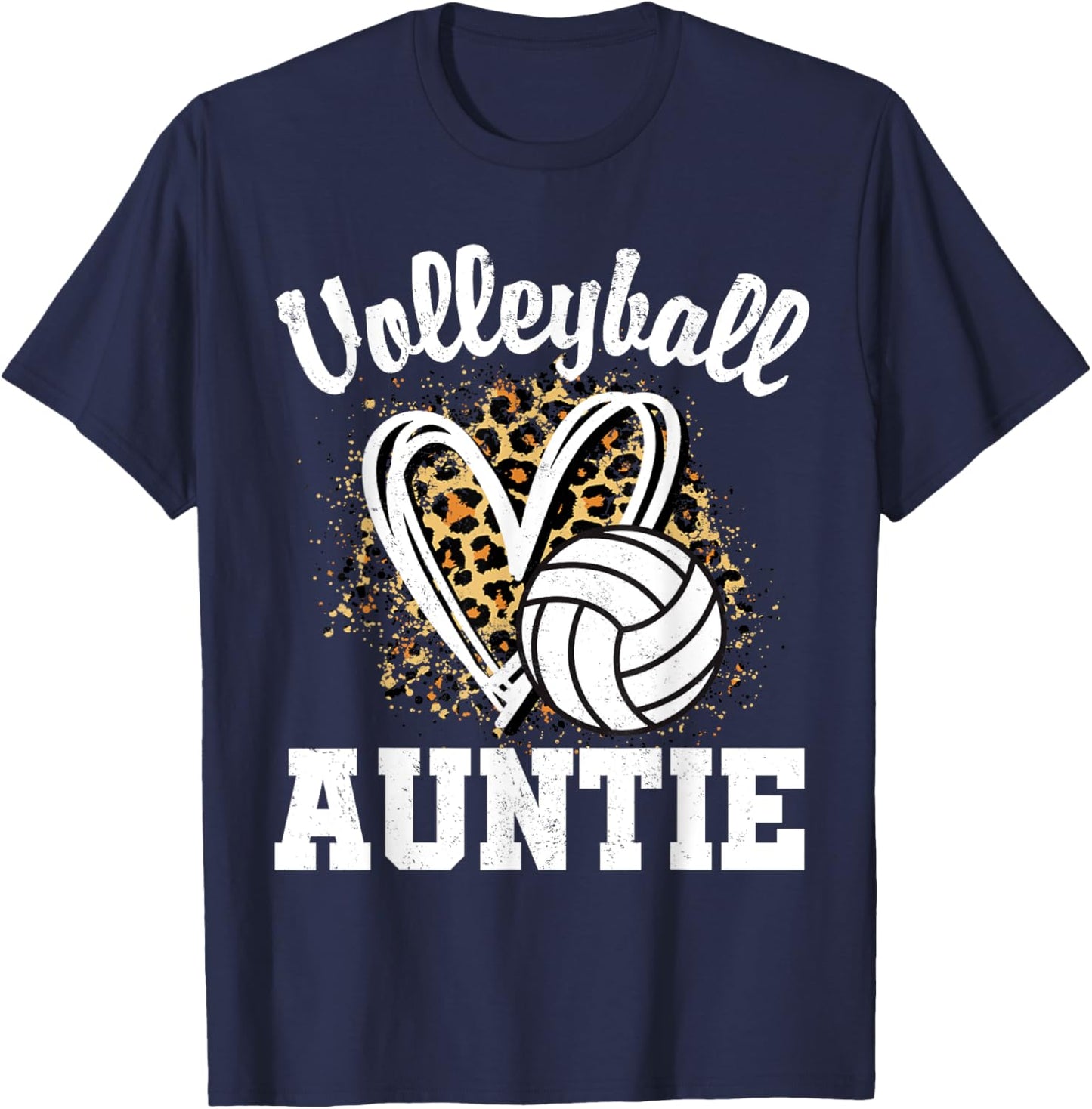 Volleyball Auntie Leopard Heart Matching Family T-Shirt - T-Shirt | Navy