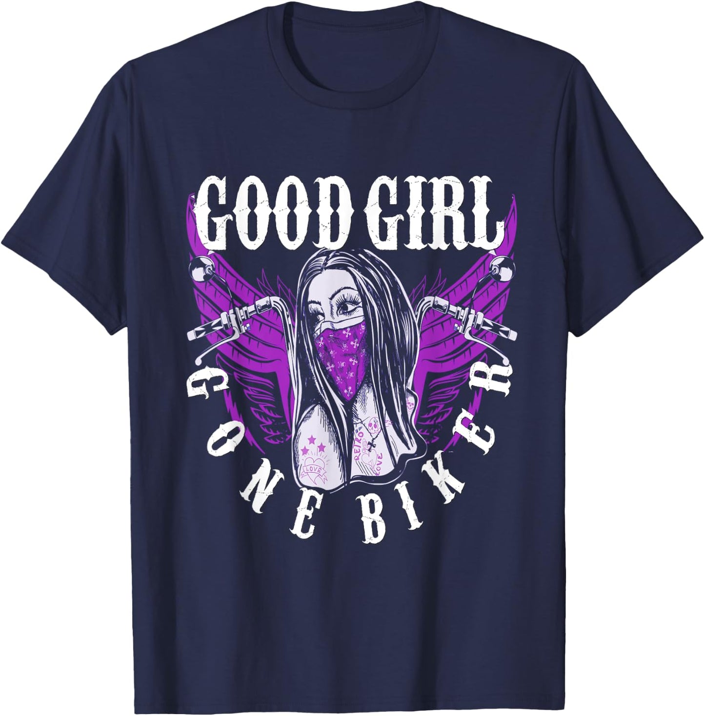 Cyclist Baby Lady Motorcycle Sexy Good Girl Purple Wings T-Shirt - T-Shirt | Navy