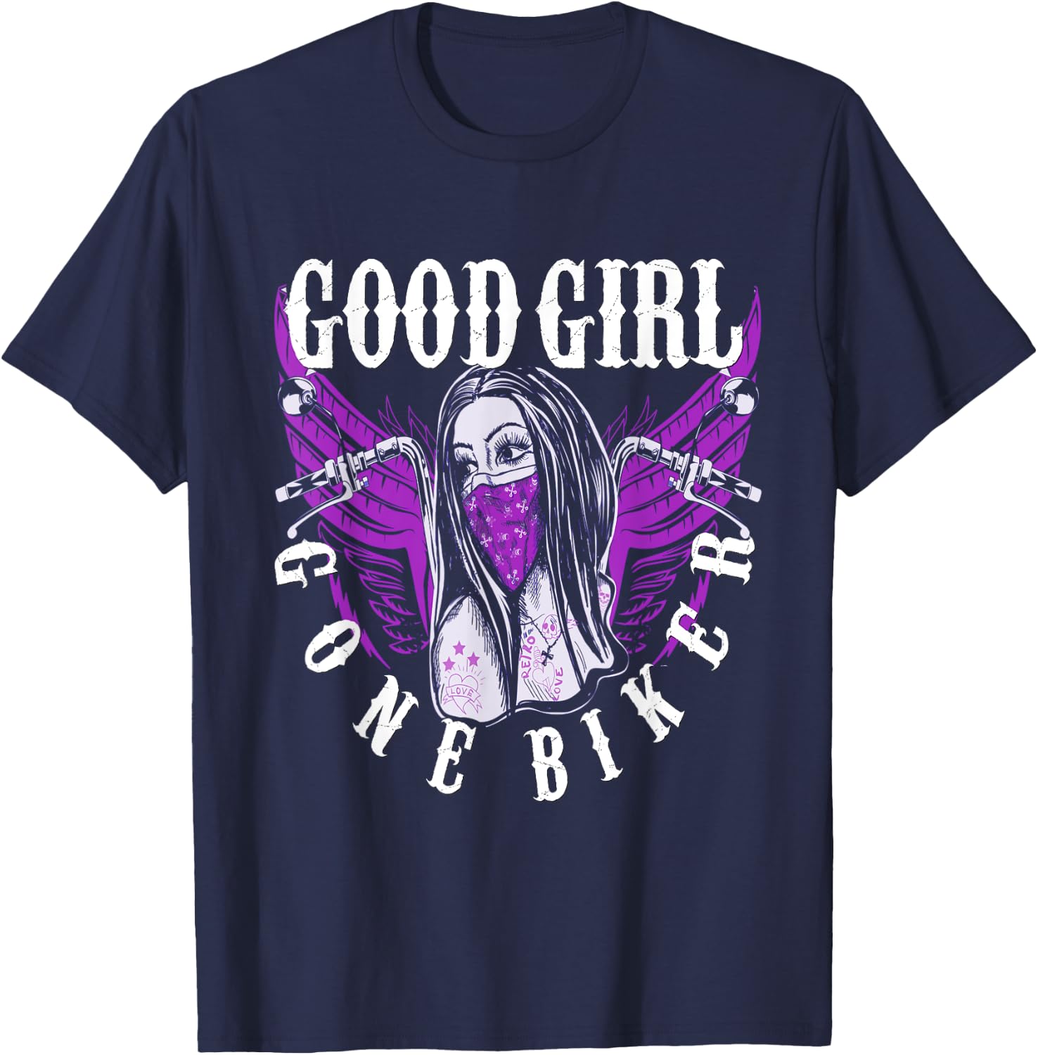 Cyclist Baby Lady Motorcycle Sexy Good Girl Purple Wings T-Shirt - T-Shirt | Navy