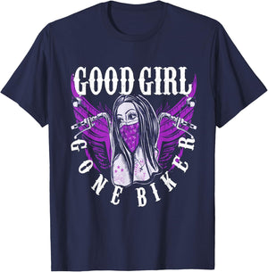 Cyclist Baby Lady Motorcycle Sexy Good Girl Purple Wings T-Shirt - T-Shirt | Navy