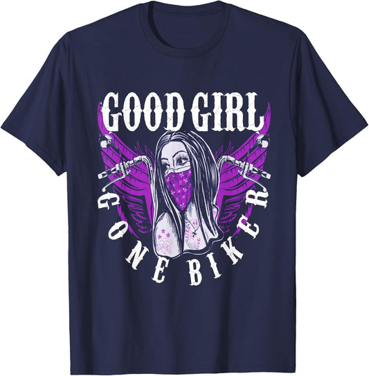 Cyclist Baby Lady Motorcycle Sexy Good Girl Purple Wings T-Shirt - T-Shirt | Navy