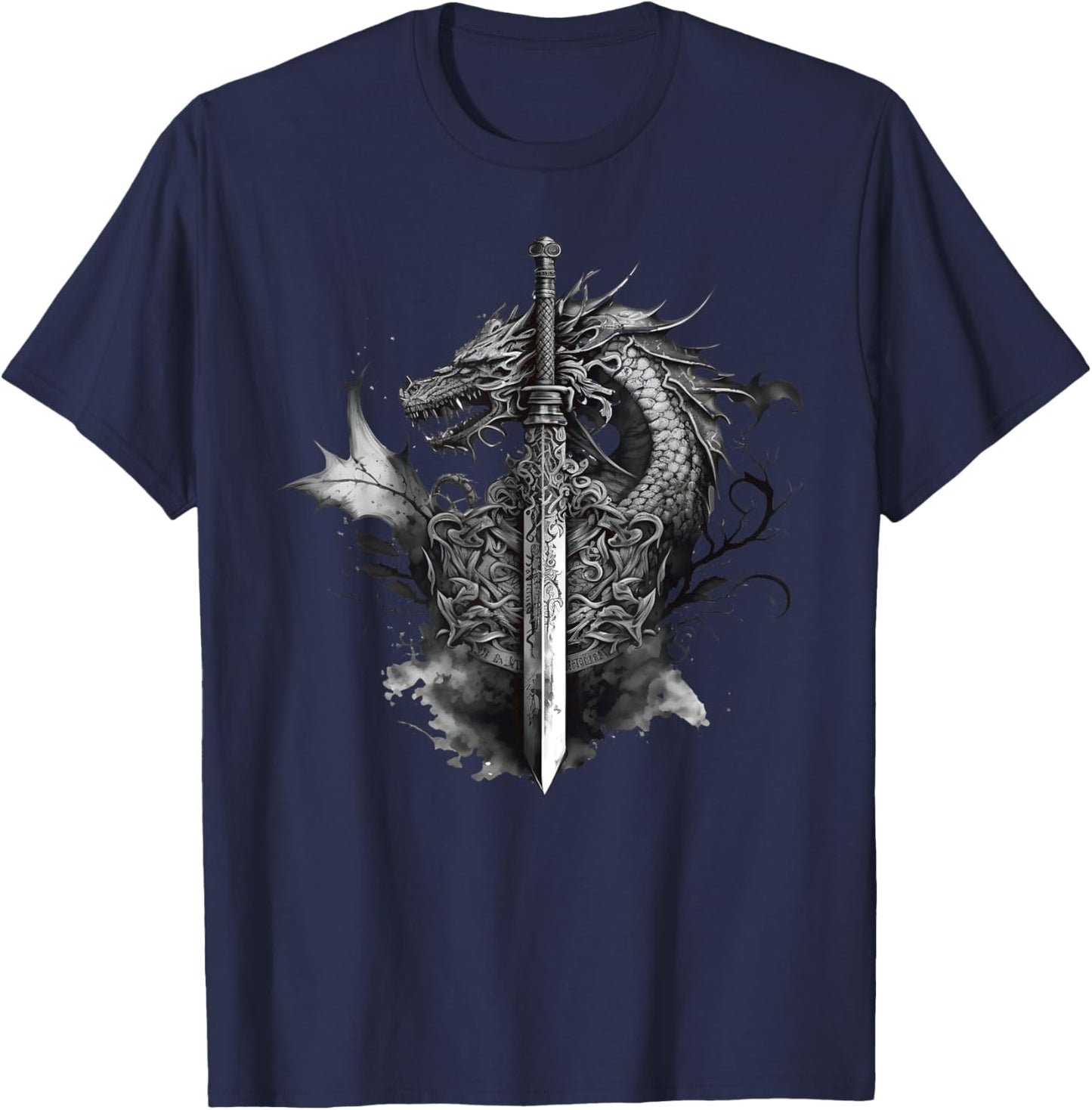 Dragon Sword Roses Tattoo Art Style Medieval Dark Fantasy T-Shirt - T-Shirt | Navy