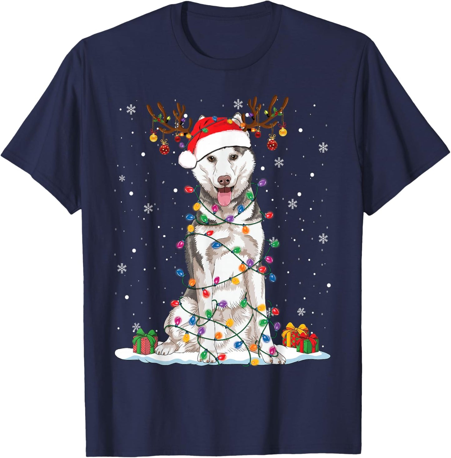 Funny Husky Dog Tree Christmas Lights Xmas Pajama Women Kids T-Shirt - T-Shirt | Navy