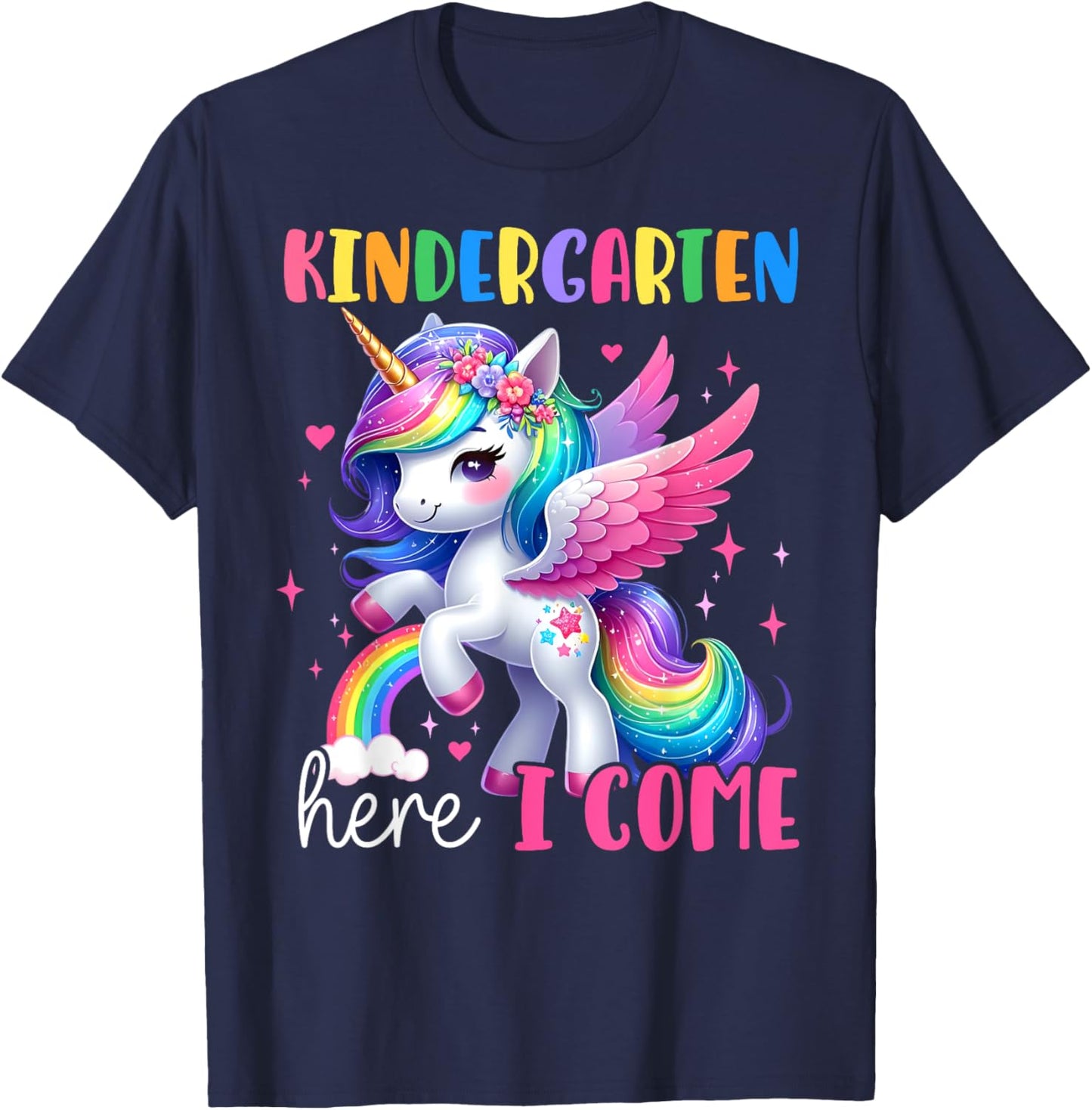 Kindergarten Here I Come Unicorn Girls Kids Back To School T-Shirt - T-Shirt | Navy