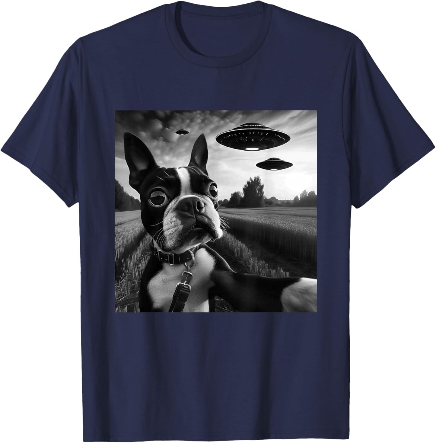 Boston Terrier Funny Graphic Selfie with UFOs Weird Aliens T-Shirt - T-Shirt | Navy