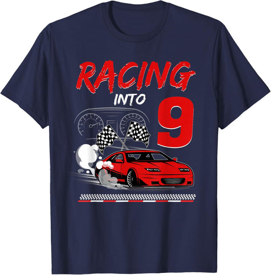 Racing into 9 Year Old Birthday Race Car 9th Boy Party T-Shirt - T-Shirt | Navy