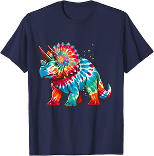 Tie Dye Color Triceratops Tie Dyed Dinosaur Prehistoric Dino T-Shirt - T-Shirt | Navy