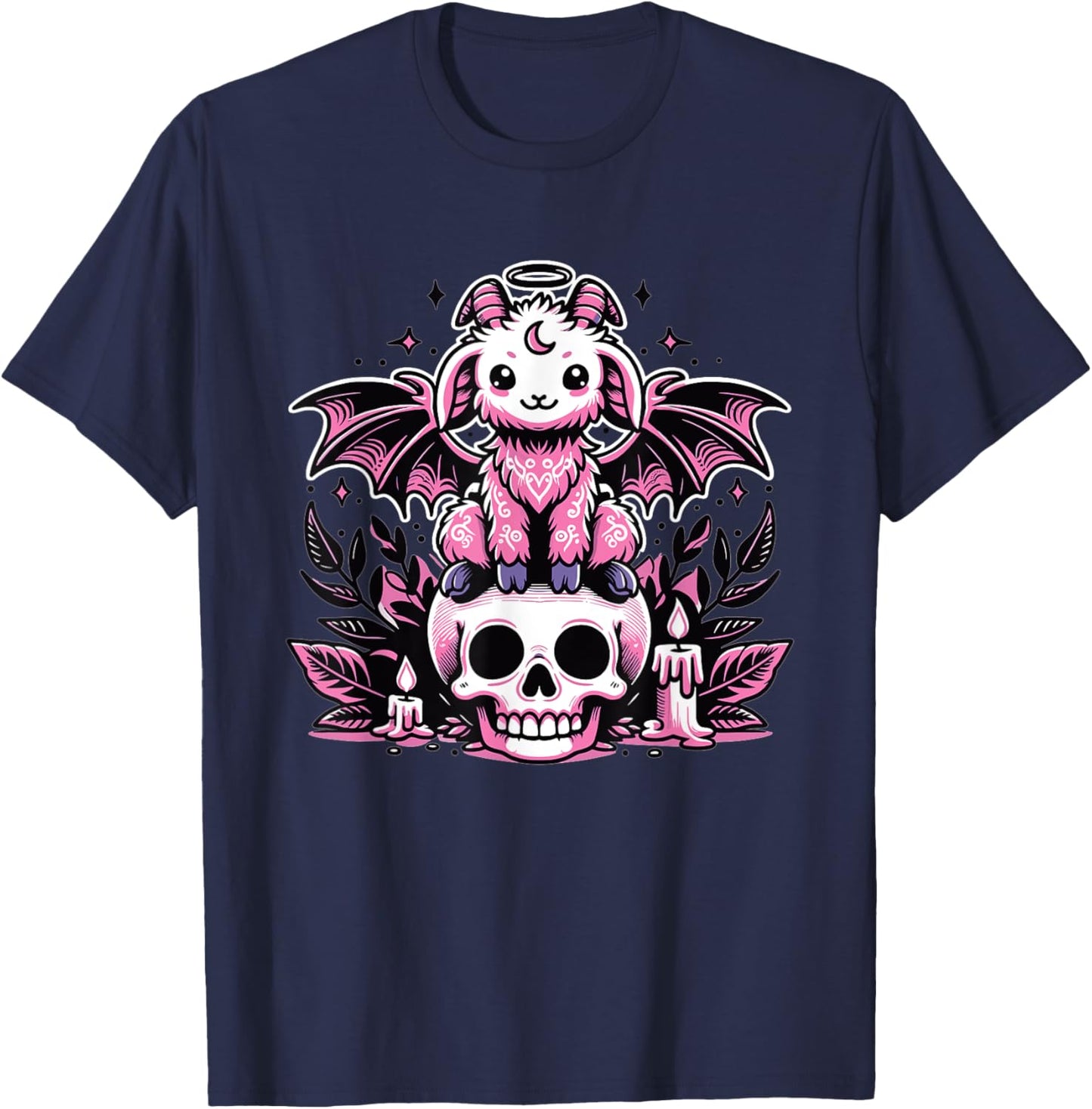 Kawaii Pastel Goth Cute Creepy Goat Bat Skeleton T-Shirt - T-Shirt | Navy