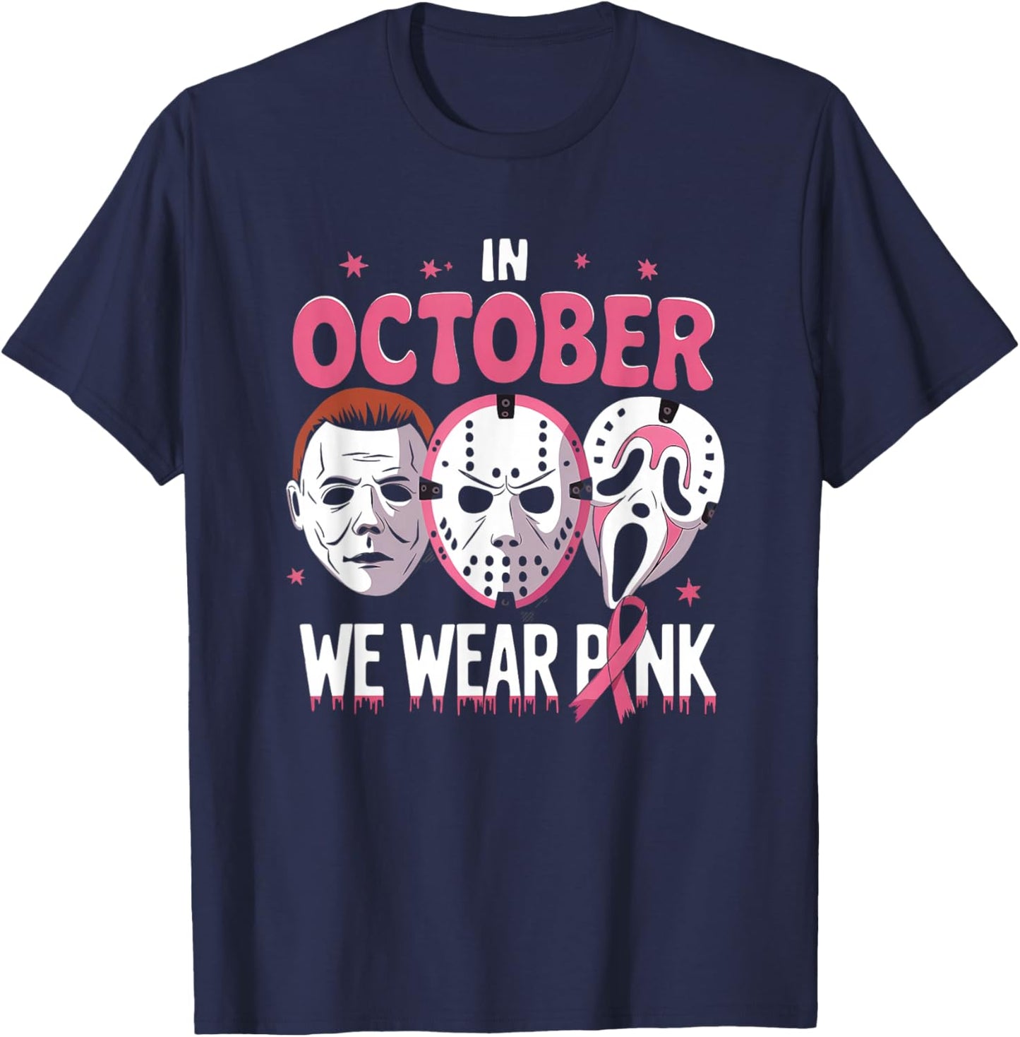 In October We Wear Pink Ghost Halloween Cancer Awareness T-Shirt - T-Shirt | Navy