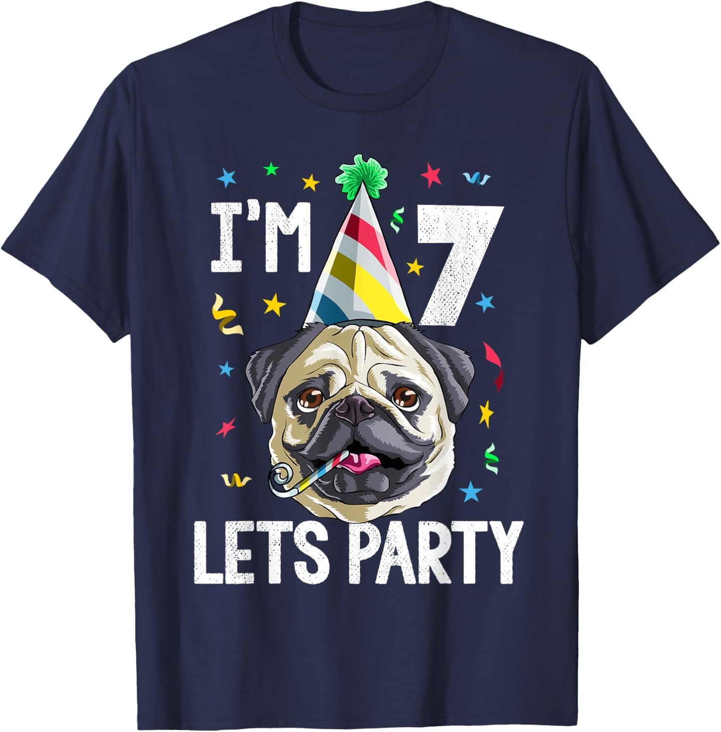 Pug Birthday 7th T Shirt Dog Kids Boys Girls Gift Party T-Shirt - T-Shirt | Navy