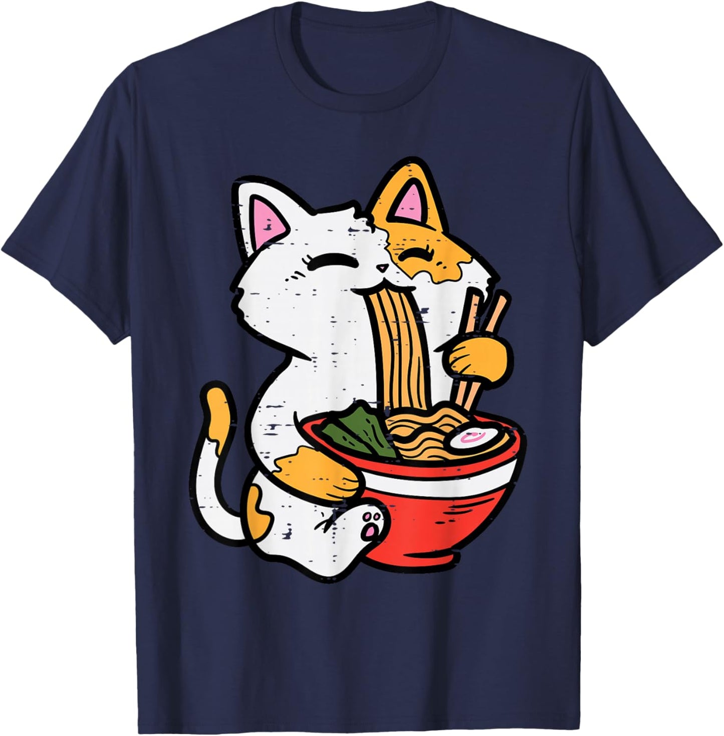 Cat Eating Ramen Cute Japanese Food Women Girls Kids T-Shirt - T-Shirt | Navy