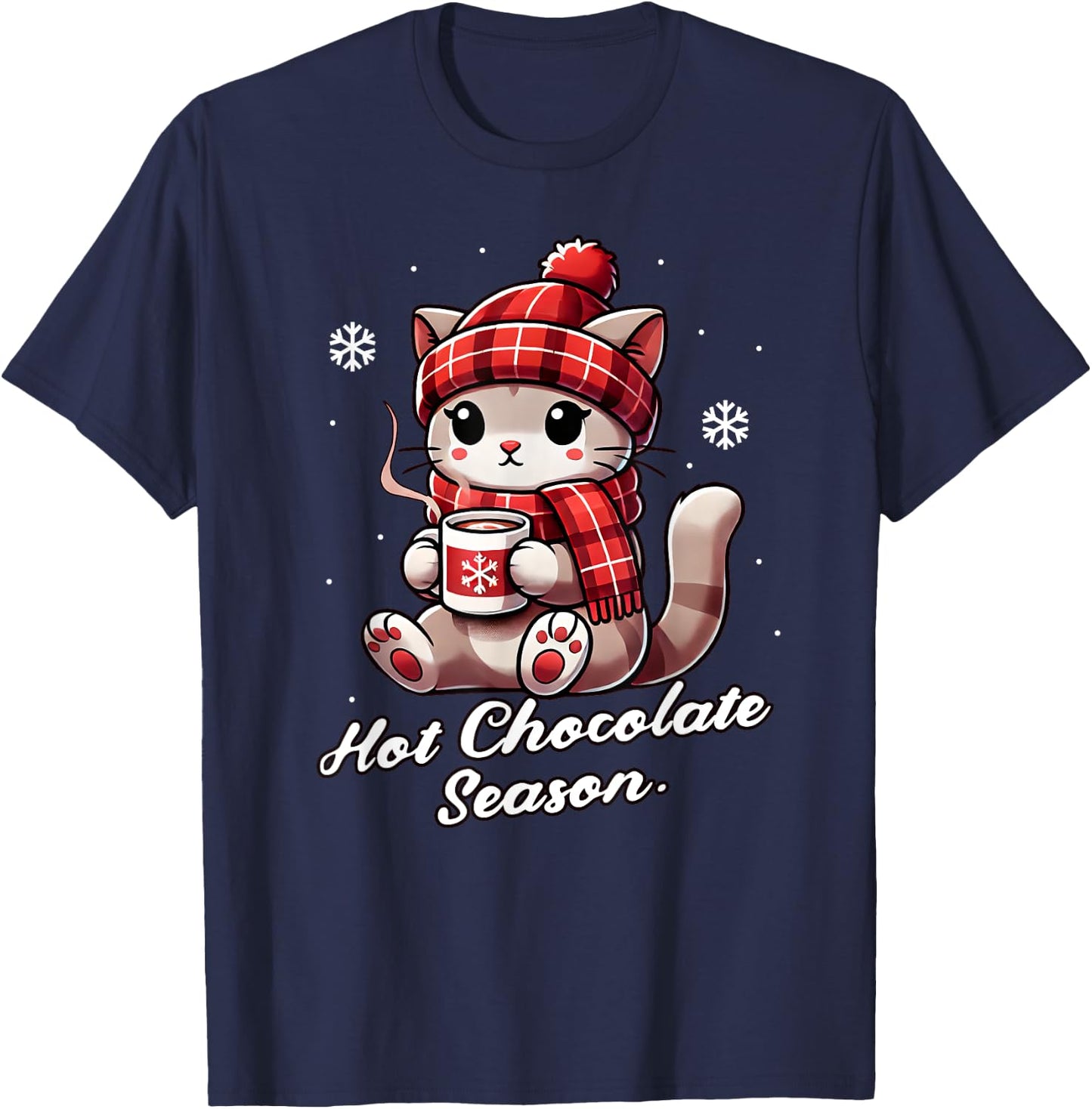 Funny Cat Hot Choco Season Merry Christmas Mom Dad Kids T-Shirt - T-Shirt | Navy