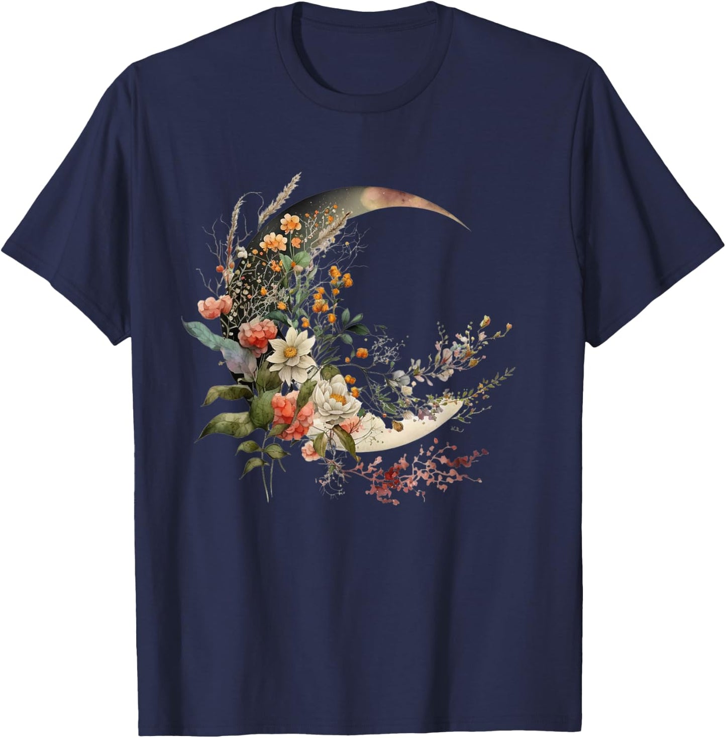 Floral Flower Crescent Moon T-Shirt - T-Shirt | Navy