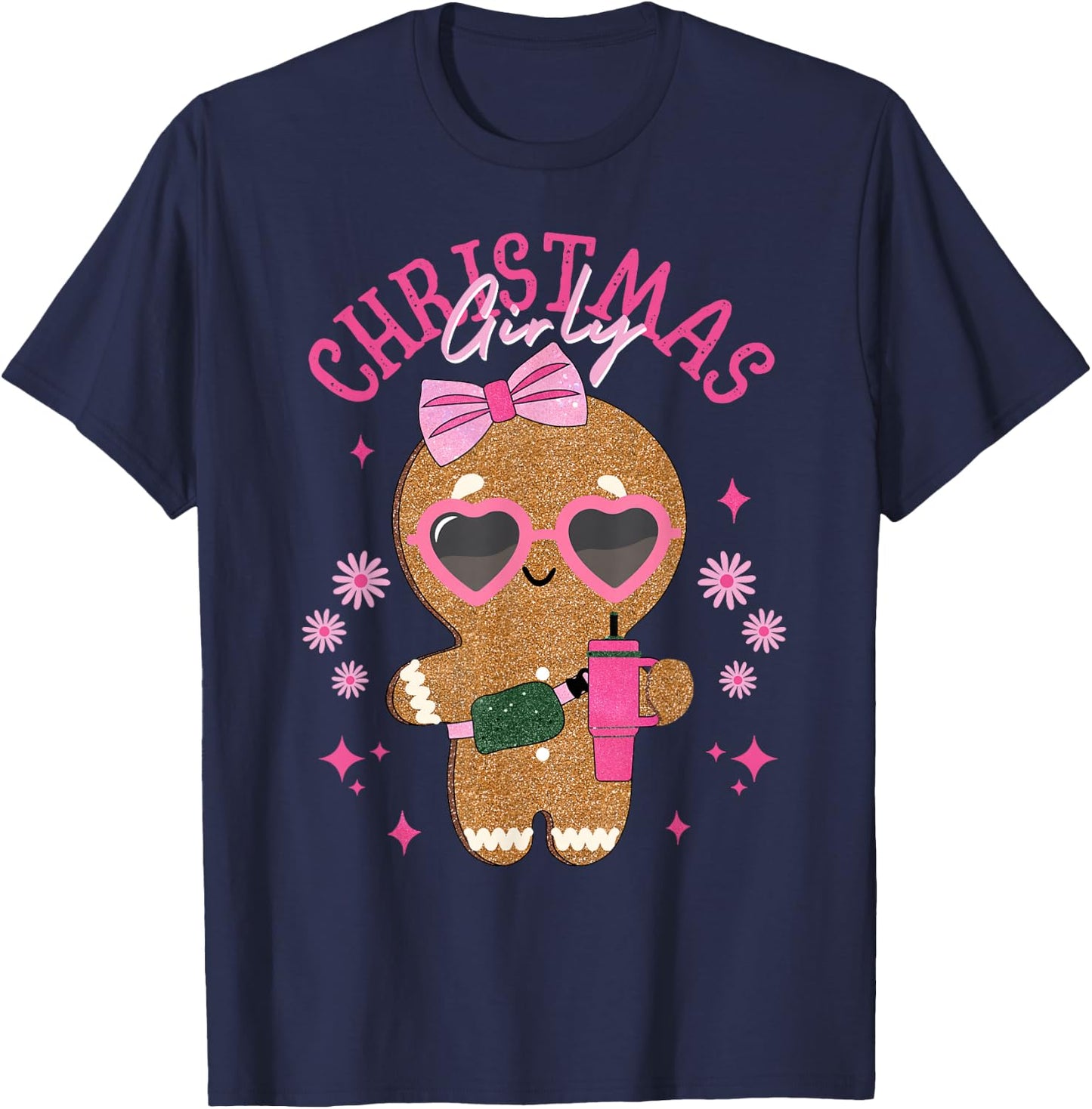 Coquette Bow Pink Gingerbread Christmas Girly Xmas Holiday T-Shirt - T-Shirt | Navy