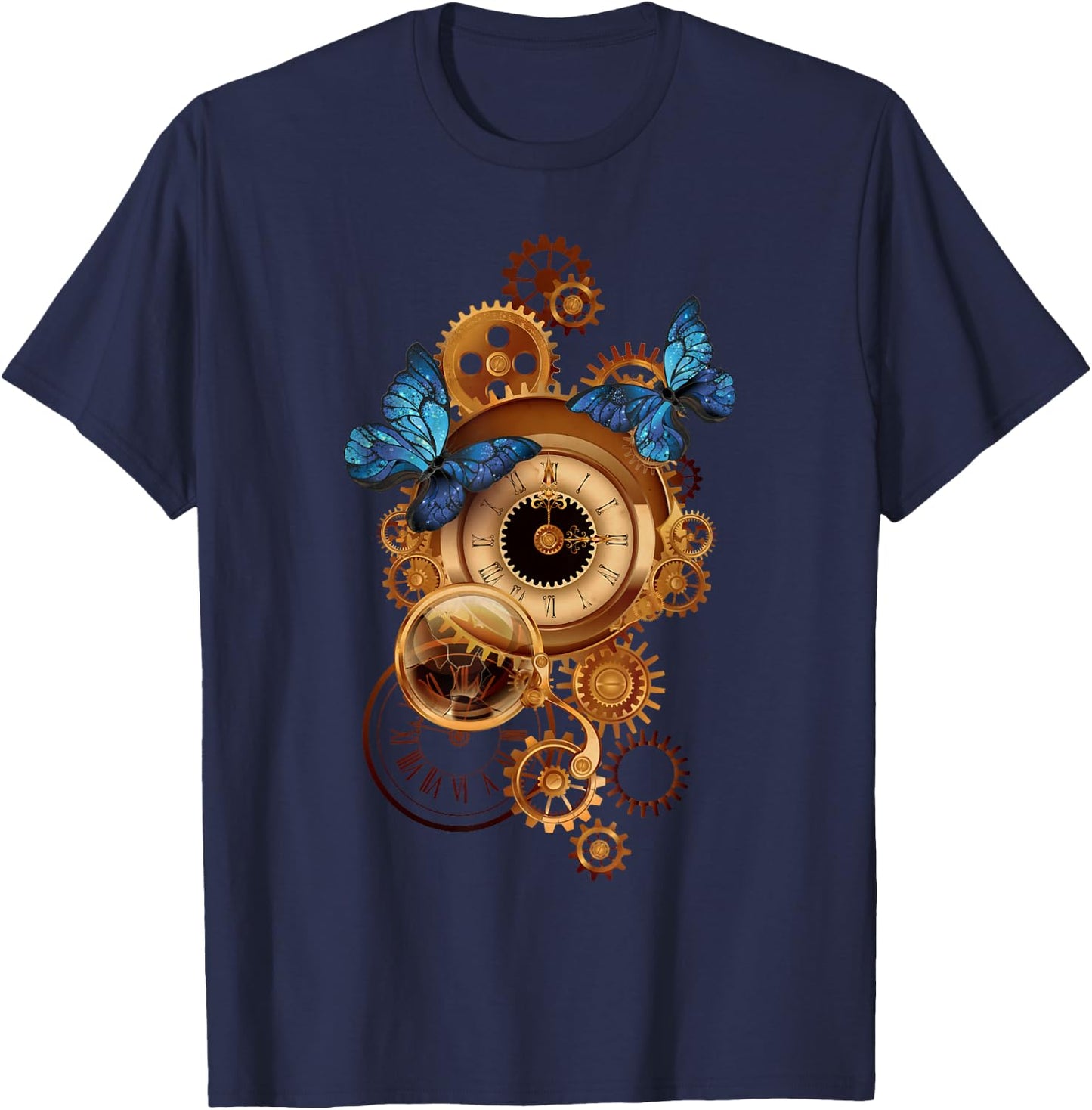 Steampunk Clock Gear and Butterflies Vintage Retro Aesthetic T-Shirt - T-Shirt | Navy