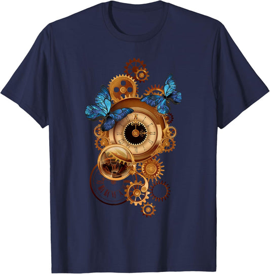 Steampunk Clock Gear and Butterflies Vintage Retro Aesthetic T-Shirt - T-Shirt | Navy