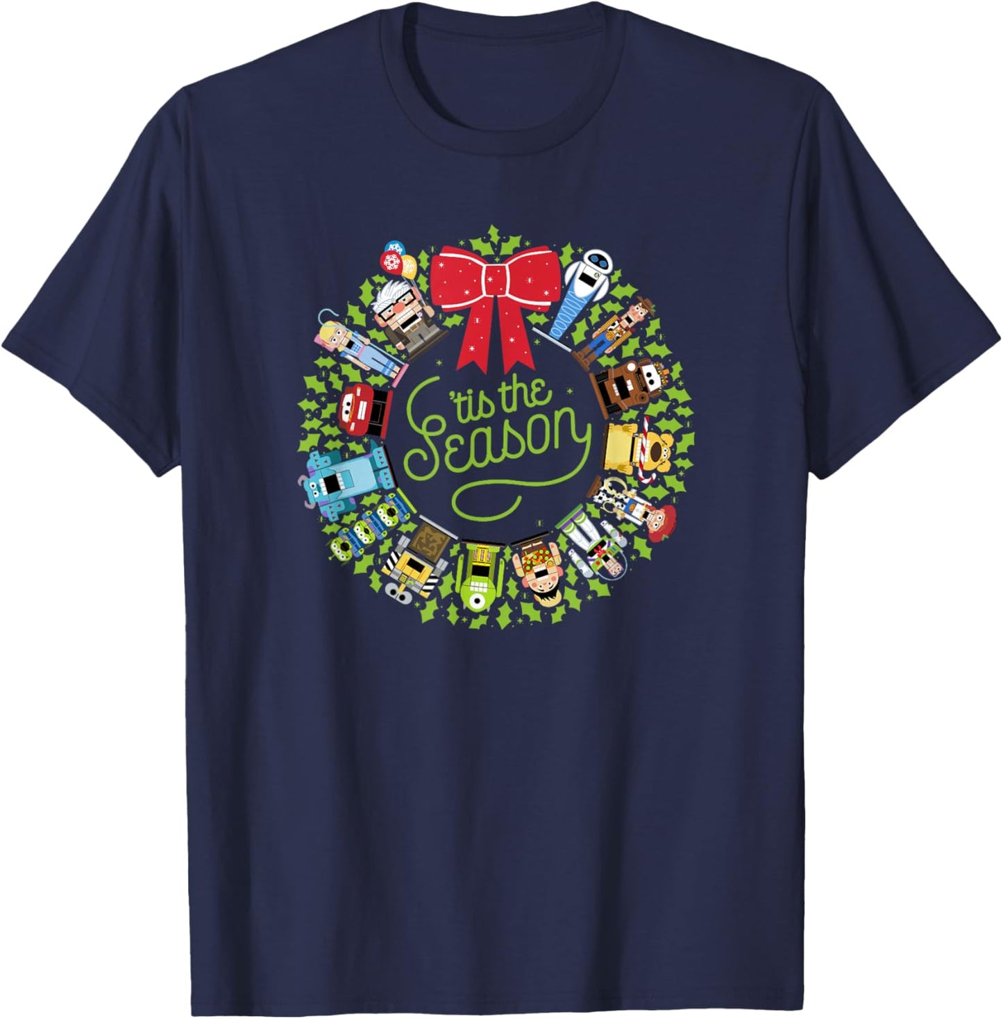 Disney Pixar Christmas Group Tis The Season Wreath T-Shirt - T-Shirt | Navy